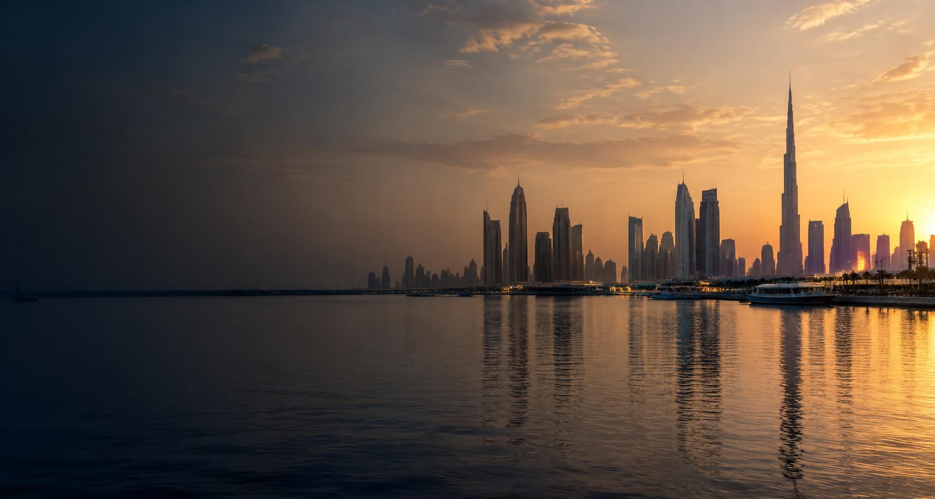Dubai skyline across the waterfront at golden hour