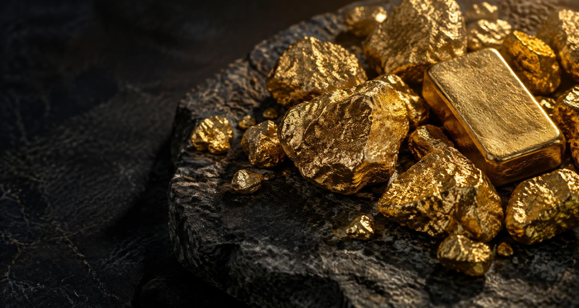 Natural gold nuggets and a cast gold bar